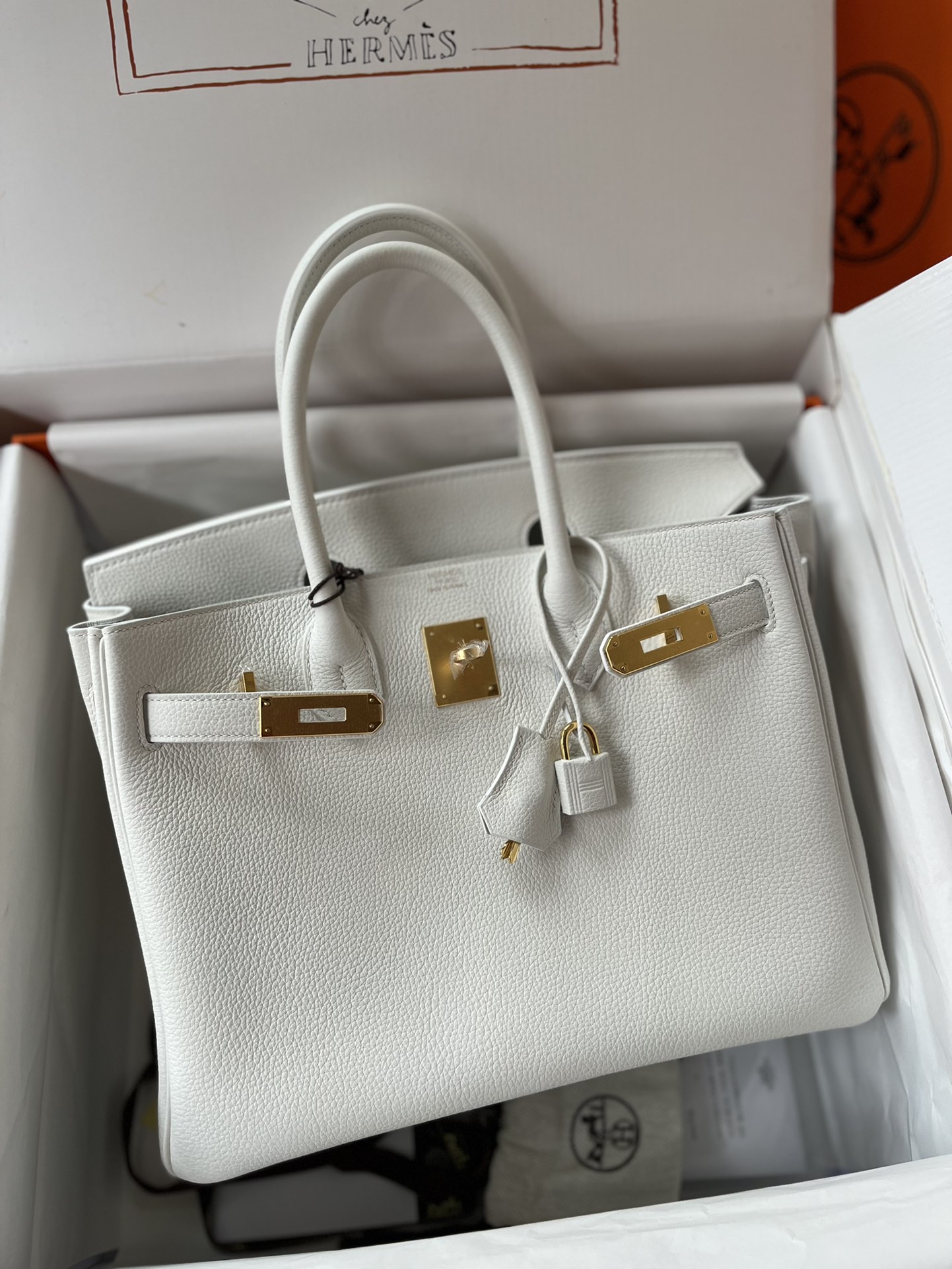 Birkin 30cm original calfskin togo pure white Snow White gold buckle top hand sewn