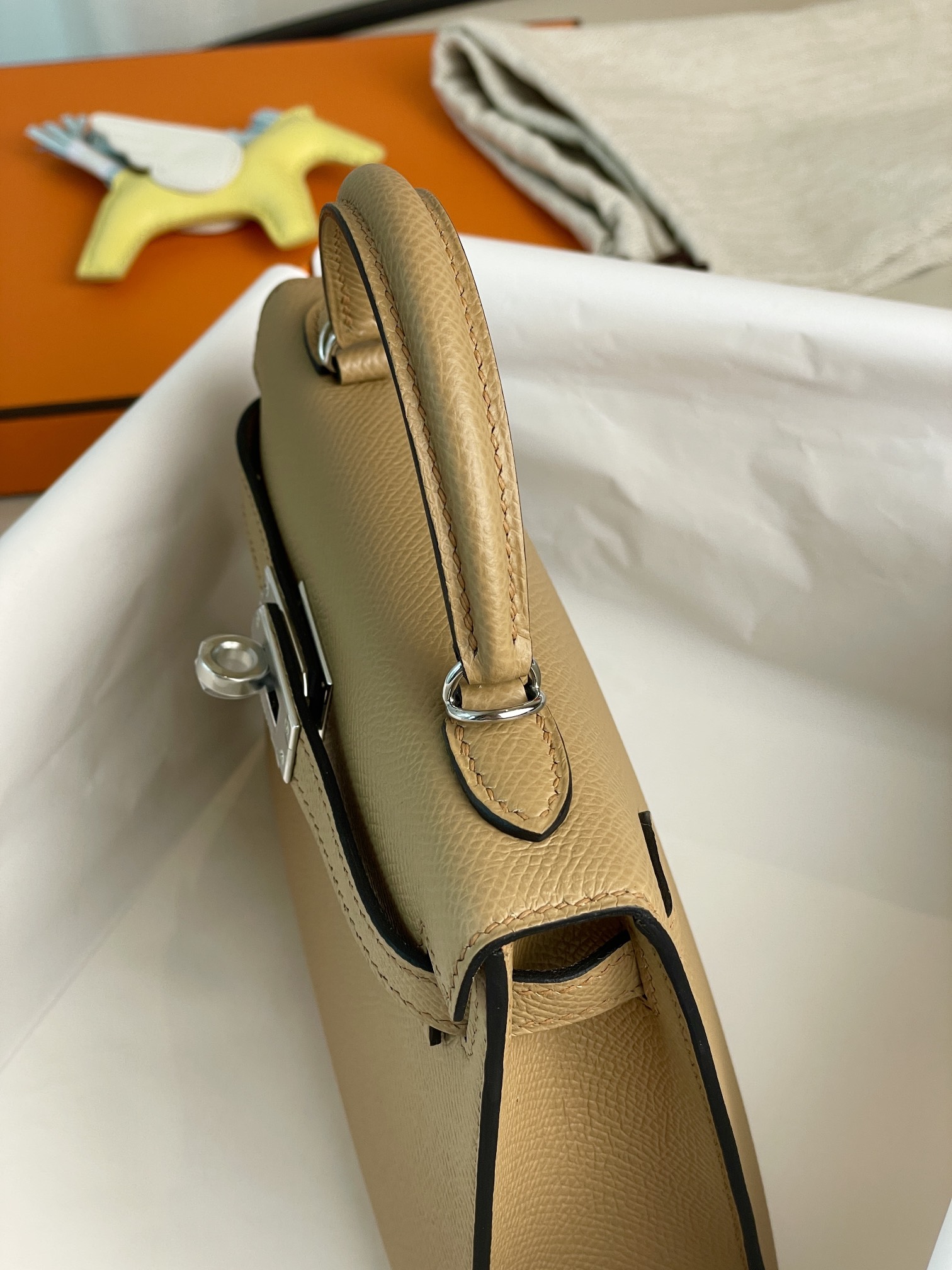 mini Kelly second generation milk tea color epsom silver buckle