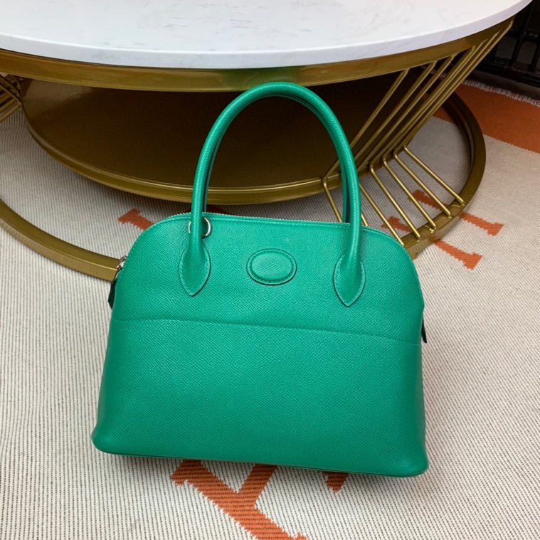 Bolide 27cm Imported original Epsom leather Half hand waxed stitching Velvet green Silver buckle