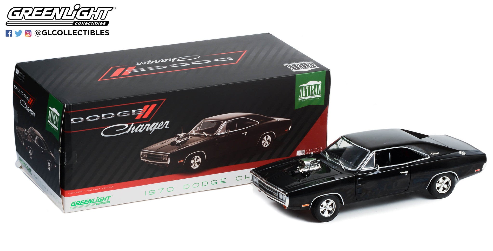 GreenLight 1:18 Artisan Collection - 1970 Dodge Charger with Blown Engine - Black 19122