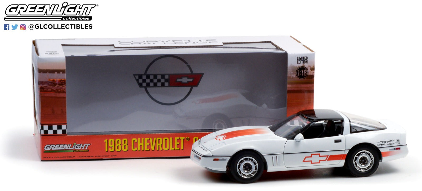 GreenLight 1:18 1988 Chevrolet Corvette C4 - White with Orange Stripes - Corvette Challenge Race Car 13596