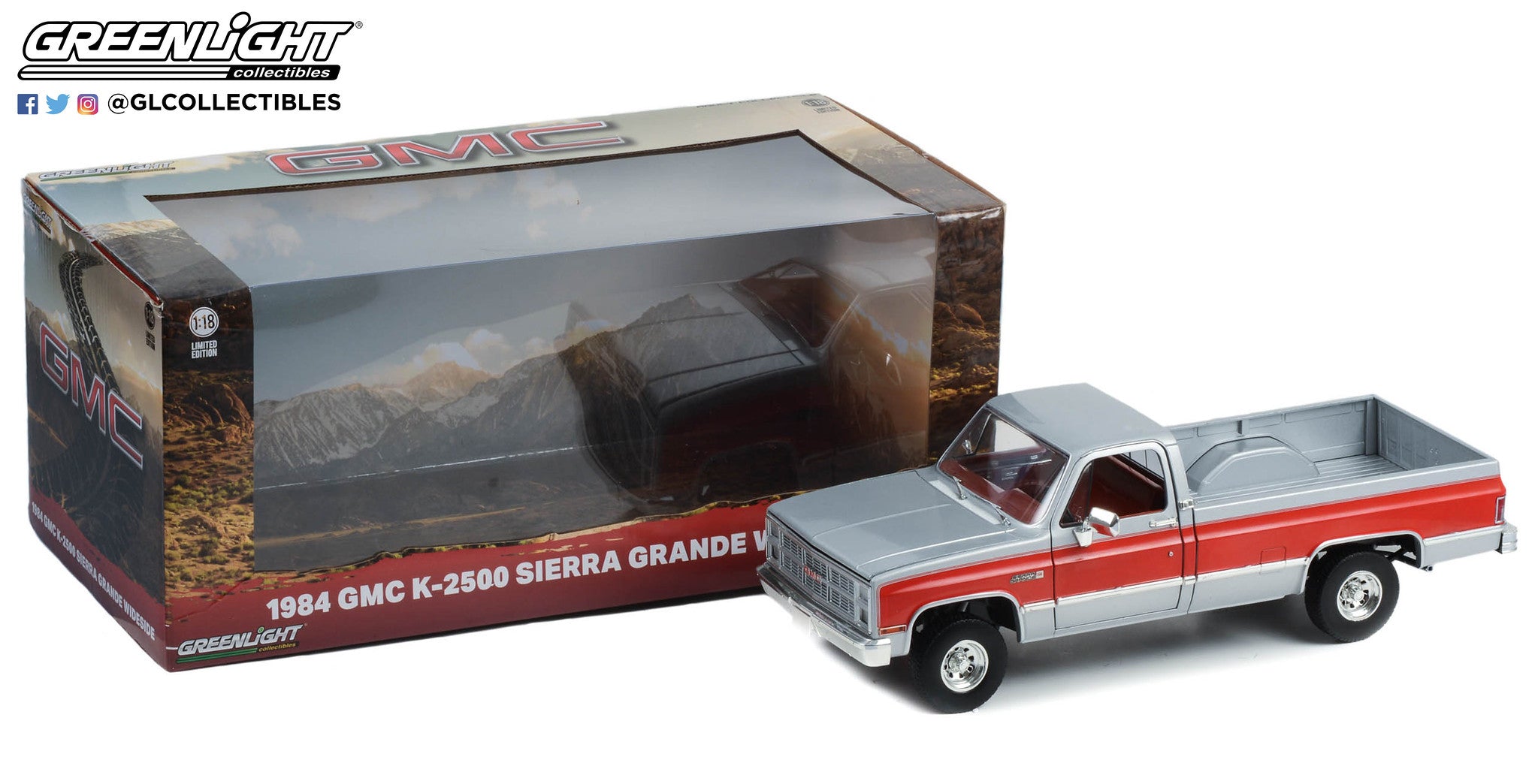 GreenLight 1:18 1984 GMC K-2500 Sierra Grande Wideside - Silver Metallic and Red 13660