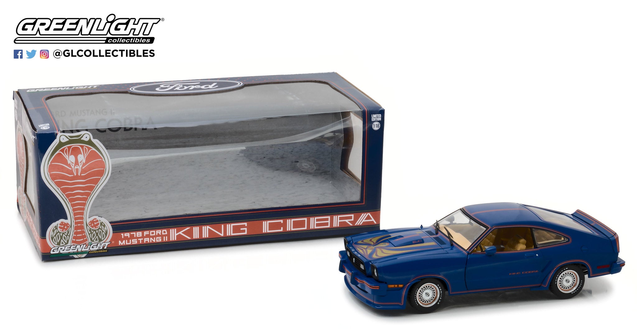 GreenLight 1:18 1978 Ford Mustang II King Cobra - Blue, Red and Gold 13507