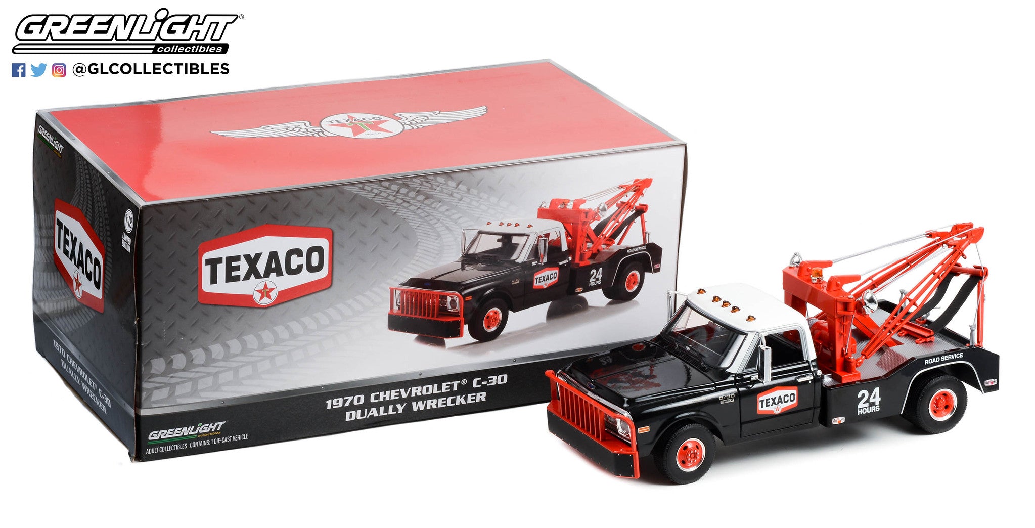 GreenLight 1:18 1970 Chevrolet C-30 Dually Wrecker - Texaco 24 Hour Road Service 13625
