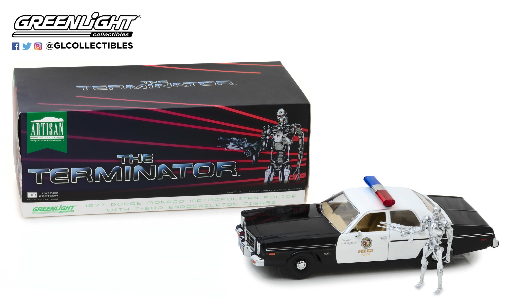 GreenLight 1:18 Artisan Collection - The Terminator (1984) - 1977 Dodge Monaco Metropolitan Police with T-800 Endoskeleton Figure 19042