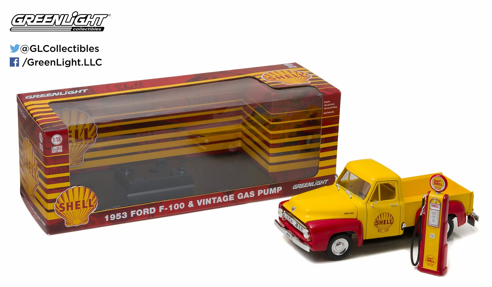 GreenLight 1:18 1953 Ford F-100 Truck Shell Oil & Gas Pump Yellow 12983