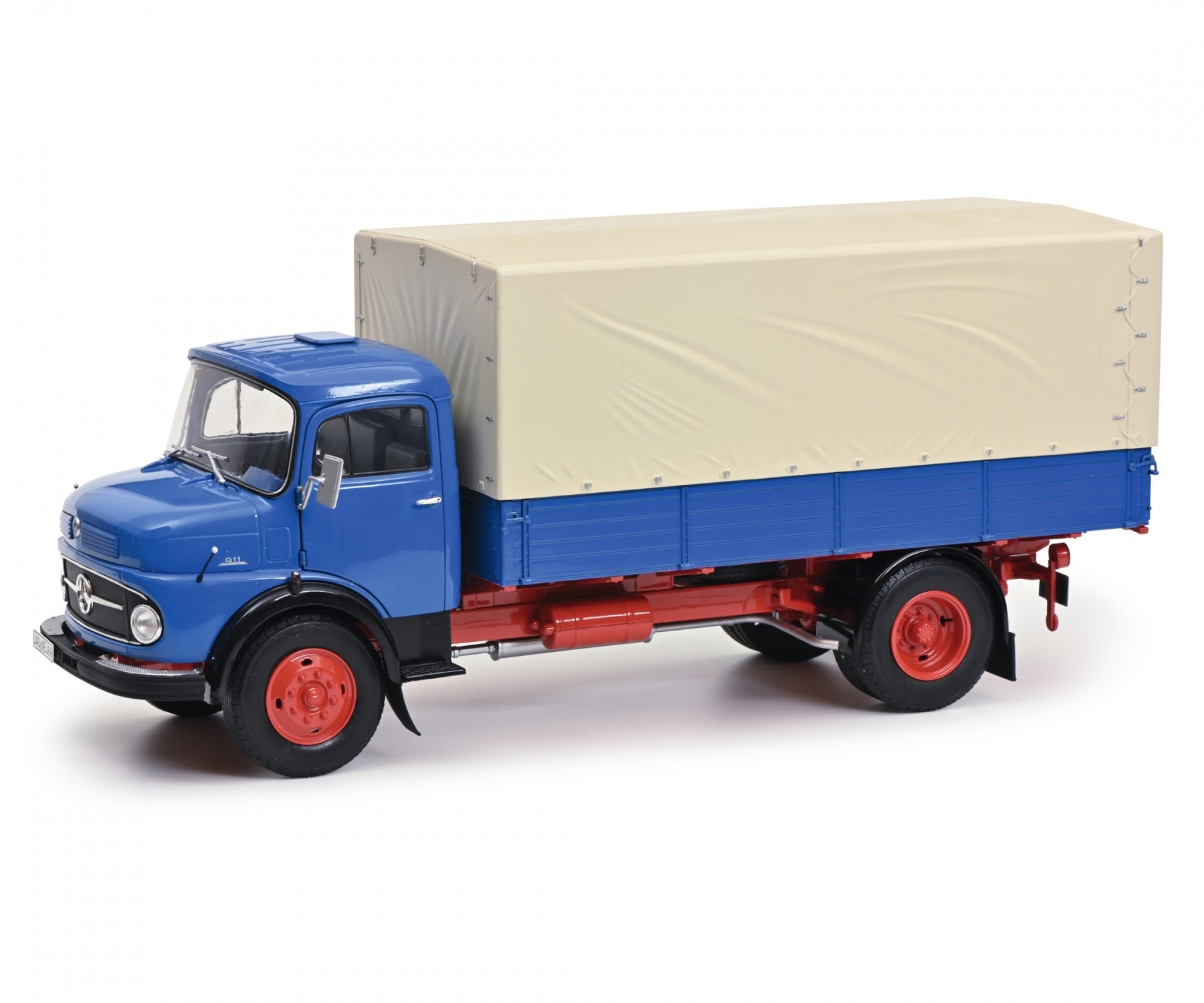 Schuco 1:18 Mercedes-Benz L911 Flatbed + Tarpaulin Truck Blue 450044800