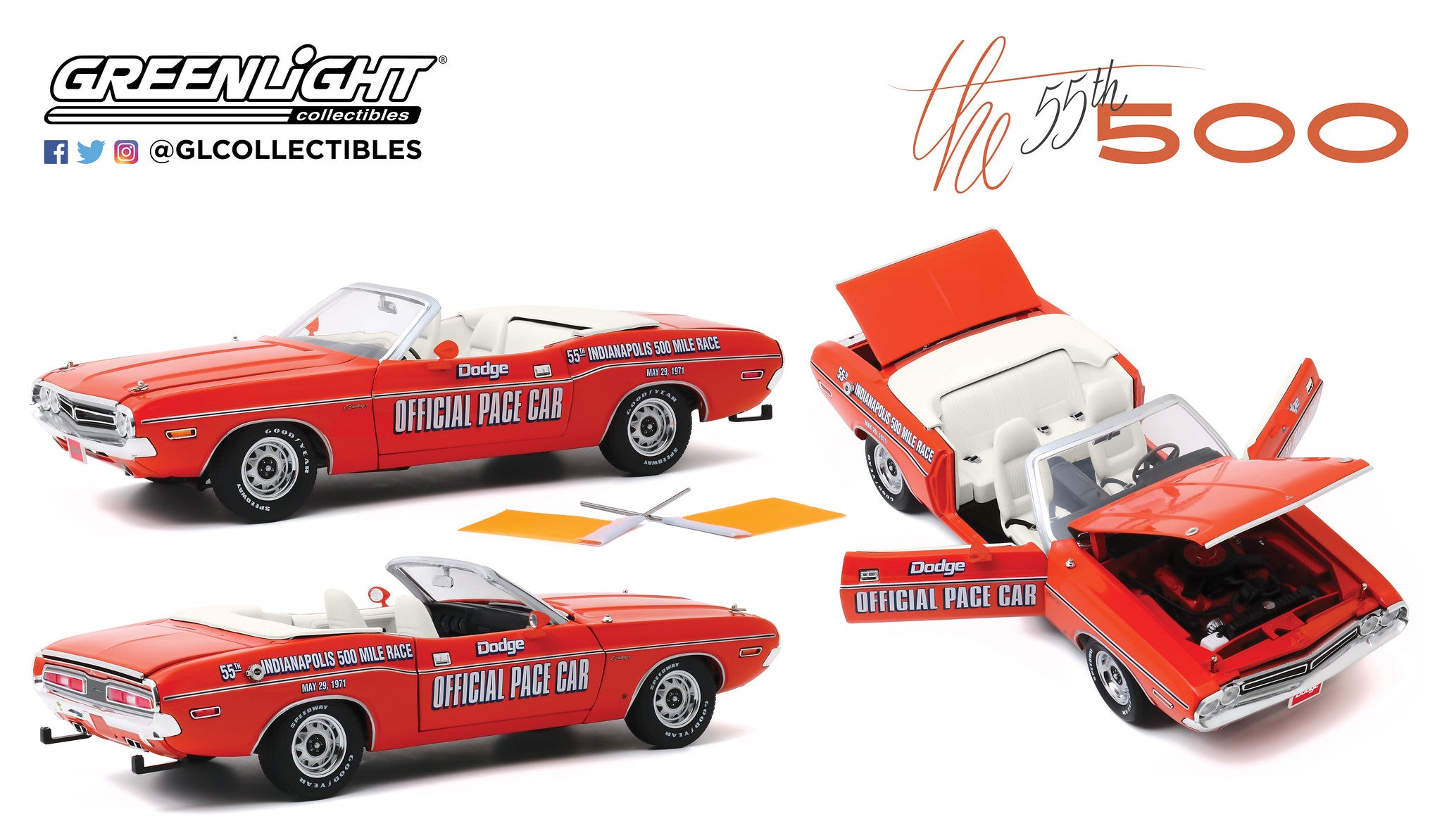 GreenLight 1:18 1971 Dodge Challenger Convertible 55th Indianapolis 500 Mile Race Dodge Official Pace Car (with Orange Flags included) 13569
