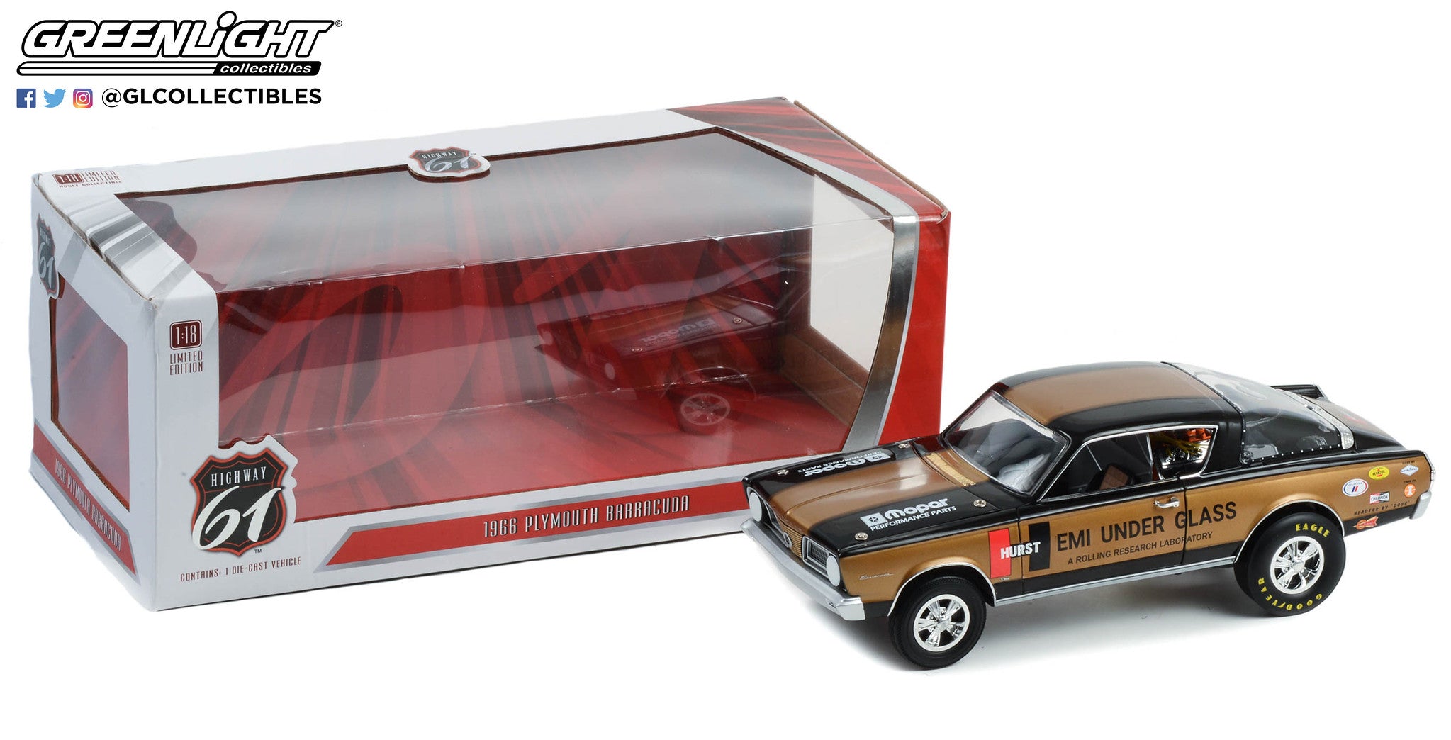 Highway 61 1:18 1966 Plymouth Barracuda - Hurst HEMI Under Glass A Rolling Research Laboratory HWY-18034