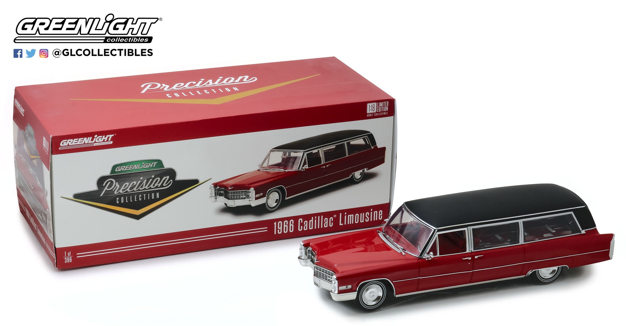 GreenLight 1/18 Precision Collection - 1:18 1966 Cadillac S&S Limousine - Red with Black Vinyl Roof PC-18008