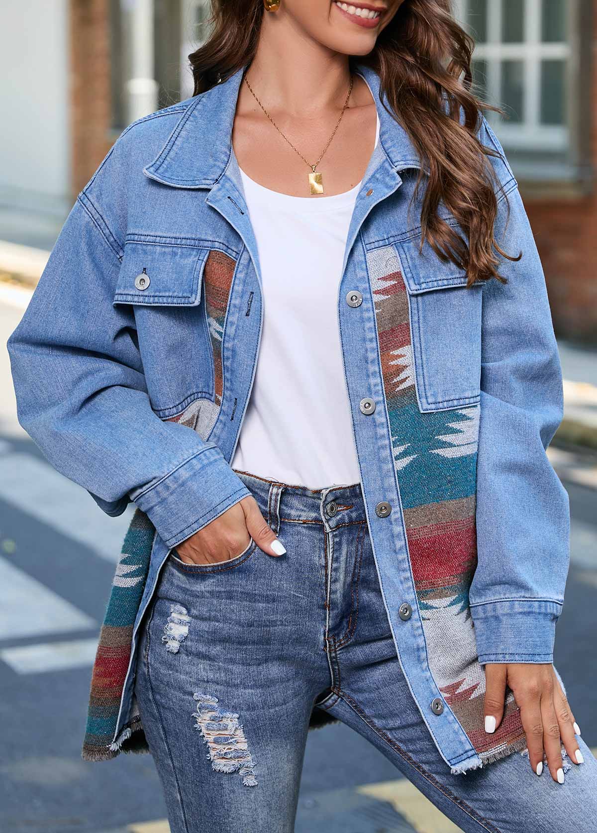 Denim Blue Grommet Tribal Print Long Sleeve Jacket