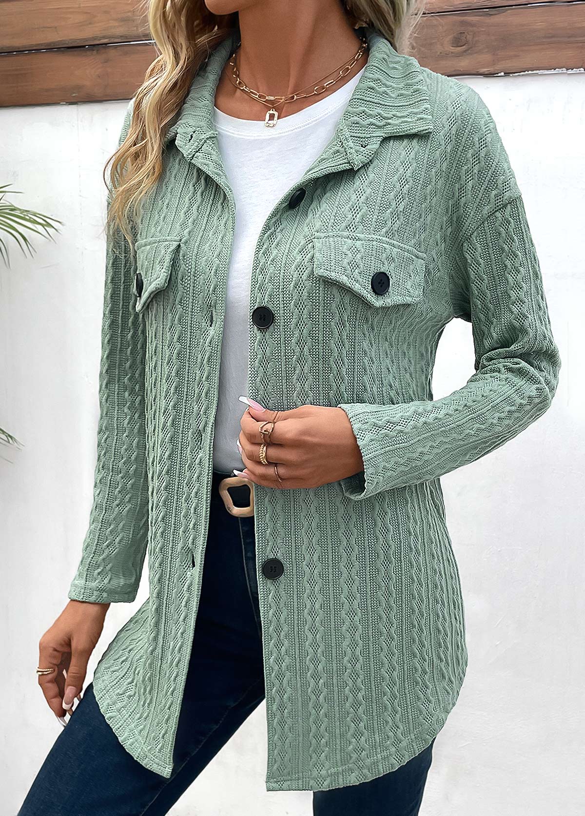 Sage Green Button Long Sleeve Coat