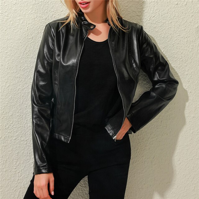 New Ladies Slim Faux Leather Jacket Stand-Up Collar Long Sleeve Overcoat Zipper Cardigan Short Coat abrigos mujer invierno 2023