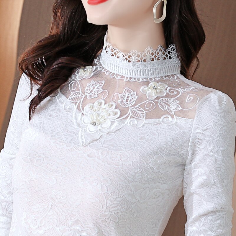 M-5XL Spring Autumn Women clothing Hot Sale Lace Blouse Shirt Patchwork Beaded Mesh Tops Long sleeve Women shirt