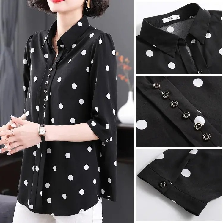 🎀【M-5XL】Μεσομάνικημοντέρνα μπλούζα με πουά και σιφόν για την άνοιξη και το φθινόπωρο του 2022