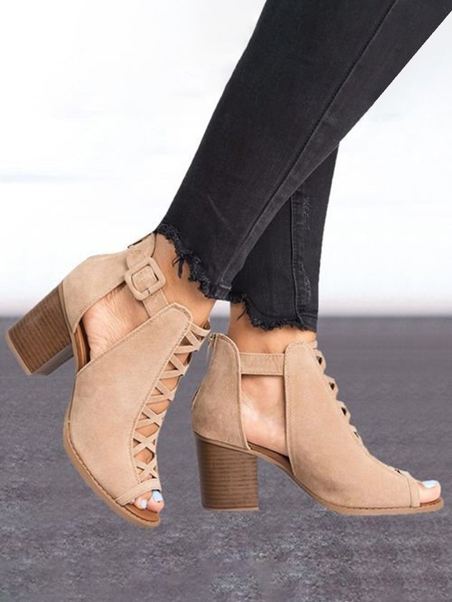 Urban Commuting Simple Hollow Cross Thin Straps Thick-heeled Sandals And Boots