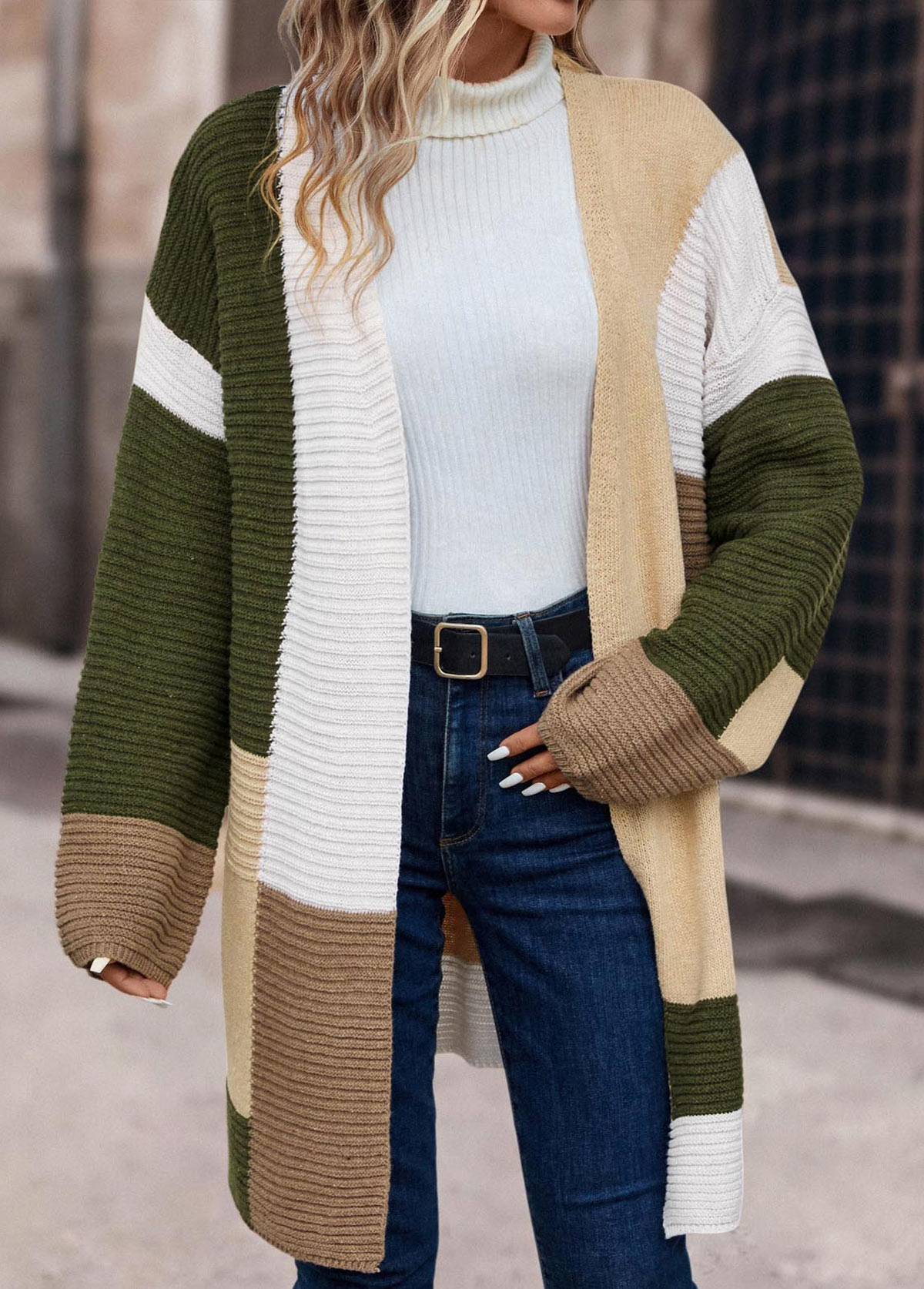 Multi Color Patchwork Long Sleeve V Neck Coat