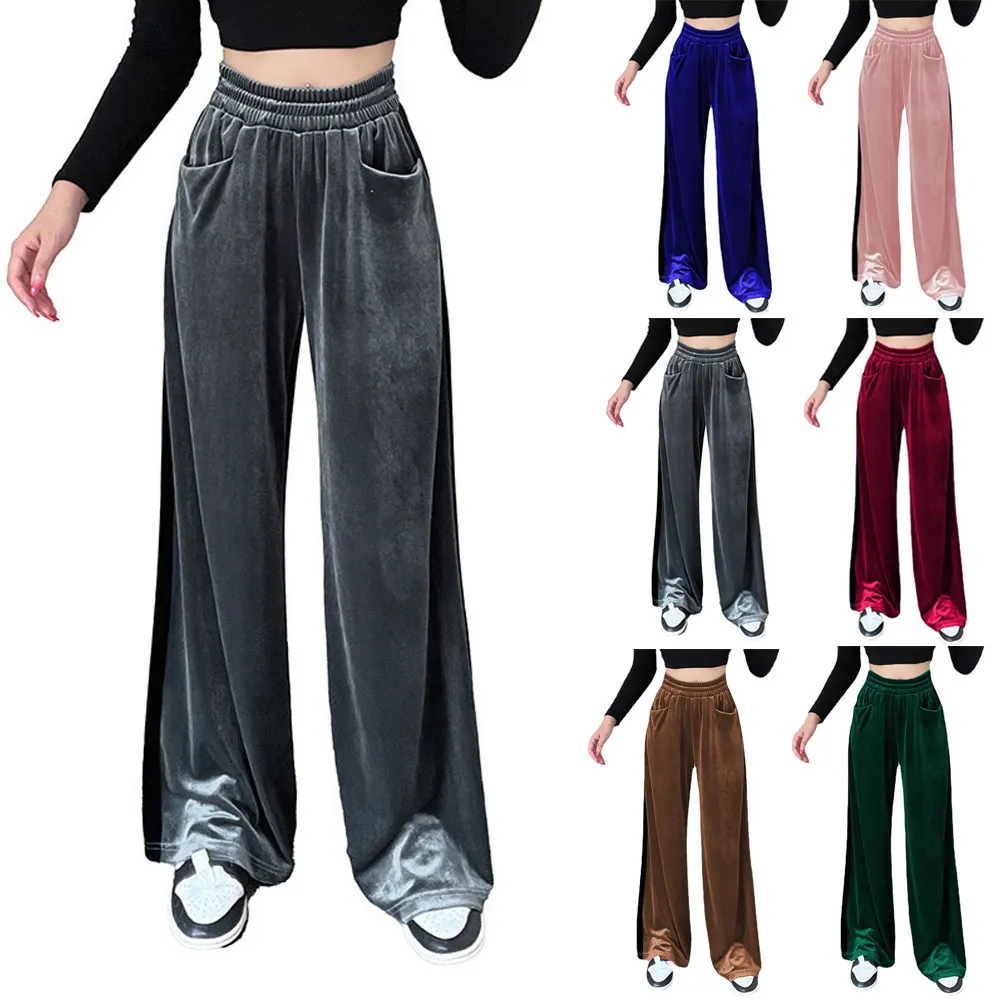 Womens Velvet Pants Wide Leg Y2K Elastic Waist Loose Baggy Lounge Athletic Trousers Jogger Sweatpants with Pockets