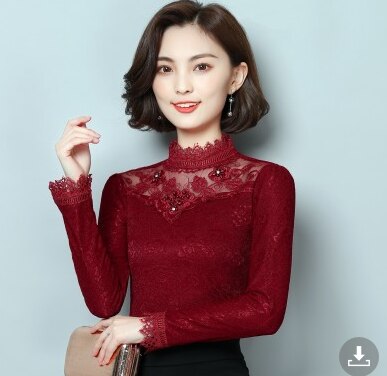 M-5XL Spring Autumn Women clothing Hot Sale Lace Blouse Shirt Patchwork Beaded Mesh Tops Long sleeve Women shirt