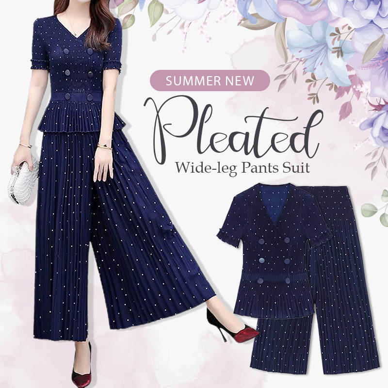 Moda Nuevo conjunto de pantalón de pierna ancha plisada