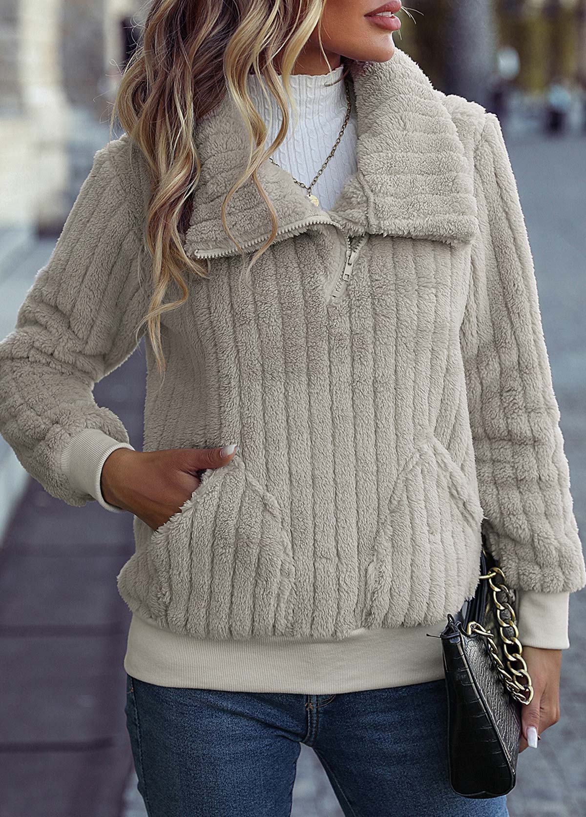 Beige Pocket Long Sleeve Turn Down Collar Coat