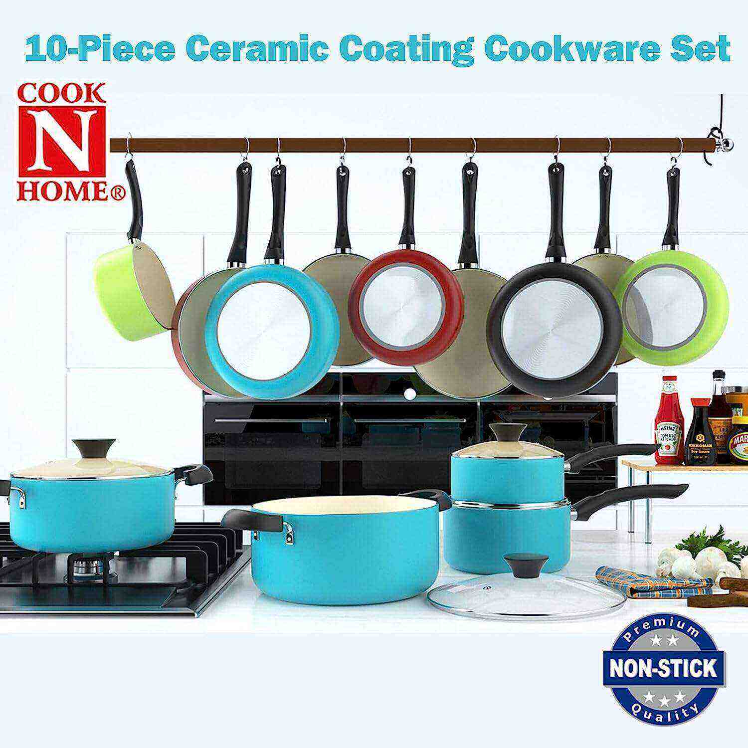 Cook N Home Juego de ollas y sartenes antiadherentes, juegos de utensilios de cocina de cerámica de 10 piezas, juego de cocina antiadherente con cacerolas, sartenes, olla de horno holandés con tapas