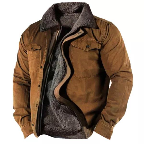Hombres Retro Forro Plus Fleece Cremallera Táctica Camisa Chaqueta