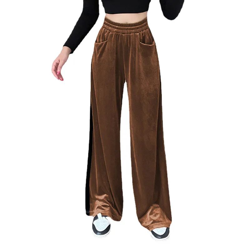 Womens Velvet Pants Wide Leg Y2K Elastic Waist Loose Baggy Lounge Athletic Trousers Jogger Sweatpants with Pockets