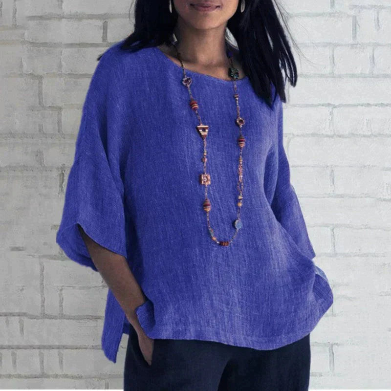 Manga de siete puntos cuello redondo algodón lino top