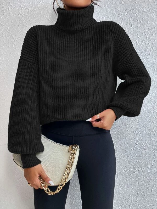 Rib-knit Turtleneck Drop Shoulder Sweater