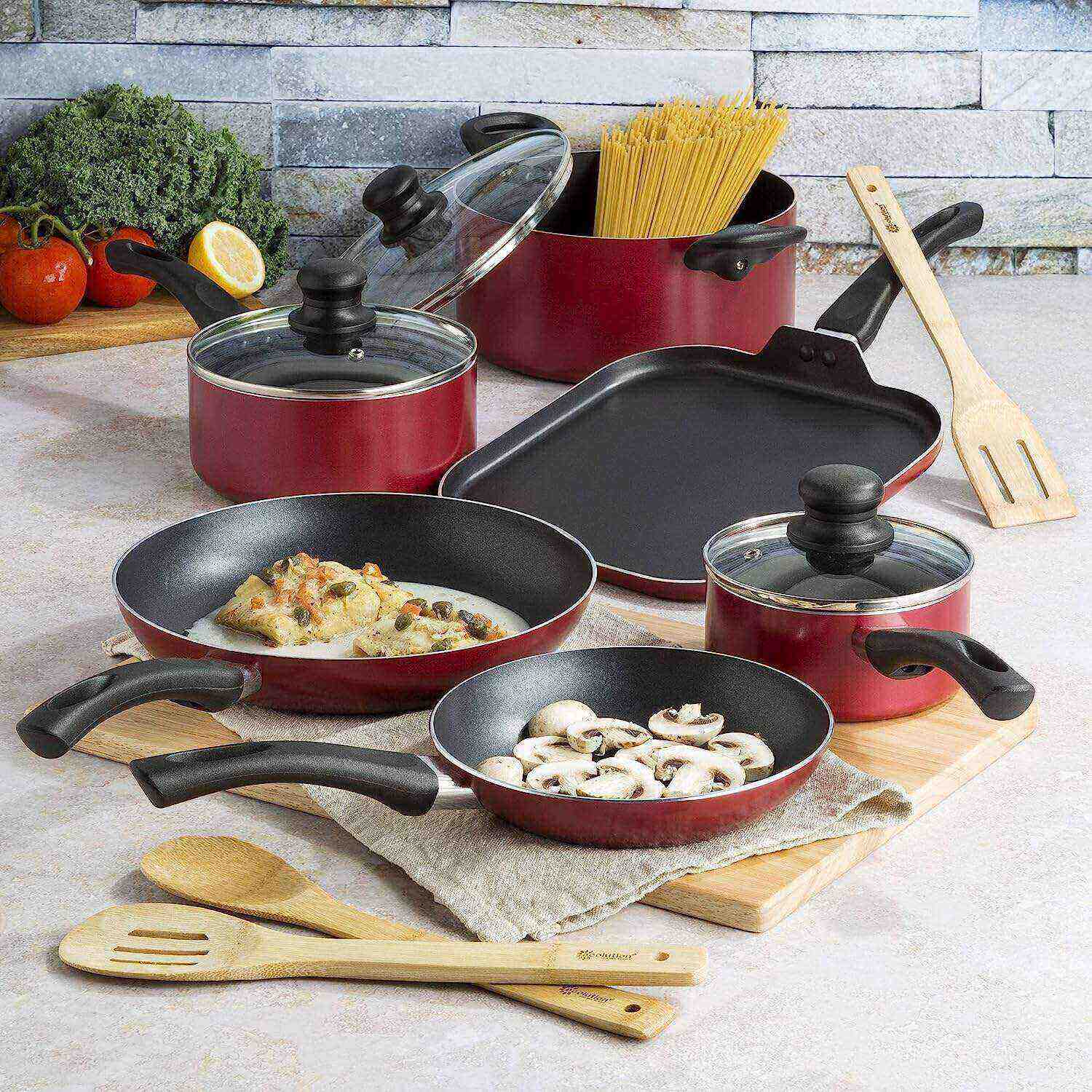 Ecolution Easy Clean Juego de utensilios de cocina antiadherentes, cuenta con elementos esenciales de cocina, juego de utensilios de cocina de bambú, tapas de vidrio ventiladas, asas ergonómicas, fabricado sin PFOA, apto para lavavajillas, 20 piezas