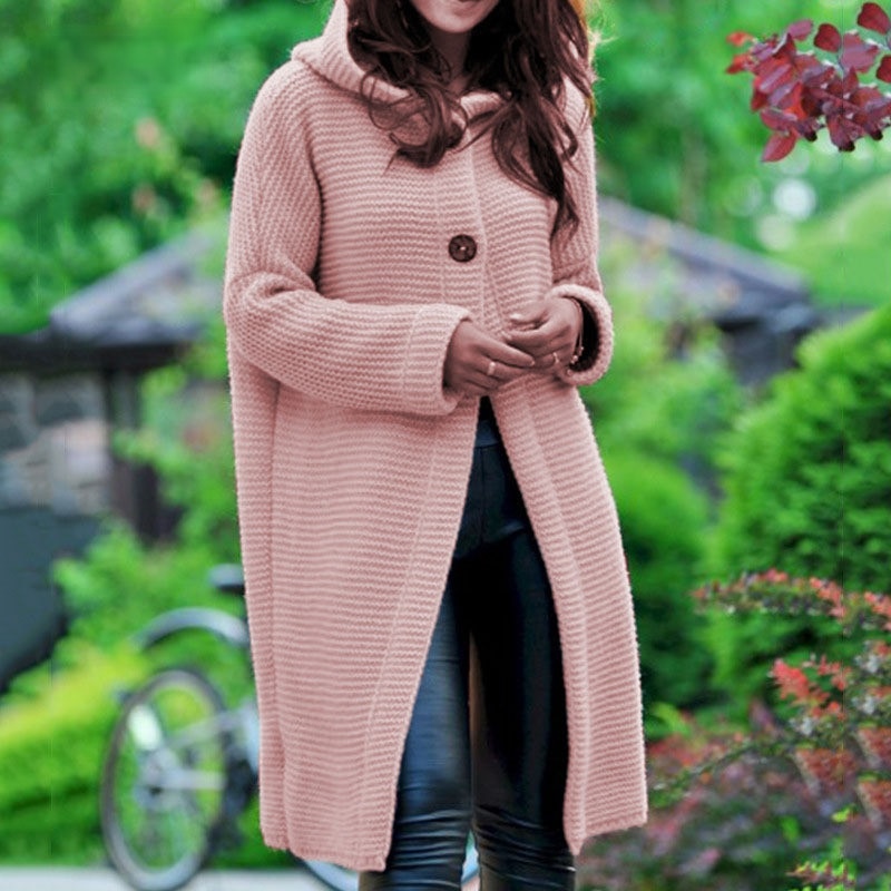Women's Loose Knit Cardigan Sweater Hooded Mid-length Coat Fashion Sweaters 2023 Cardigans for Woman Knitwear Womens Clothing