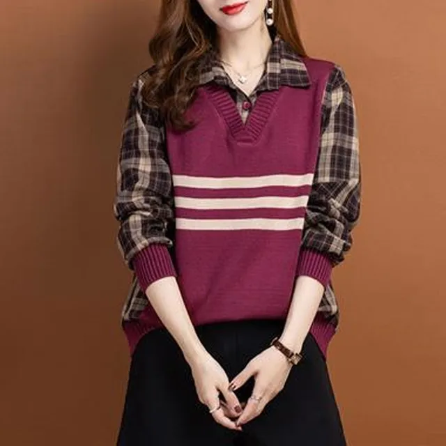 England Plaid Blouse Autumn Winter Fake Two Pieces Knitted Patchwork Women's Clothing Loose Commute Polo-Neck Long Sleeve Shirt