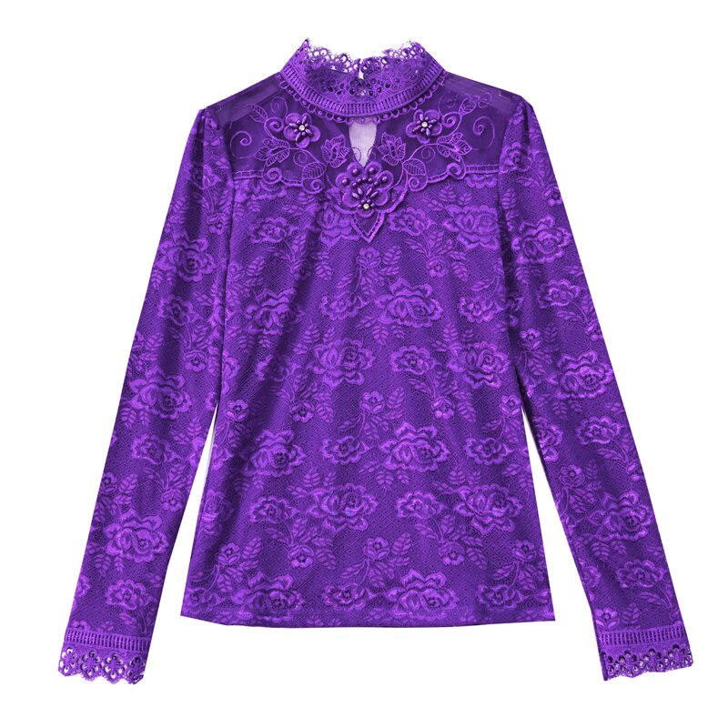 M-5XL Spring Autumn Women clothing Hot Sale Lace Blouse Shirt Patchwork Beaded Mesh Tops Long sleeve Women shirt