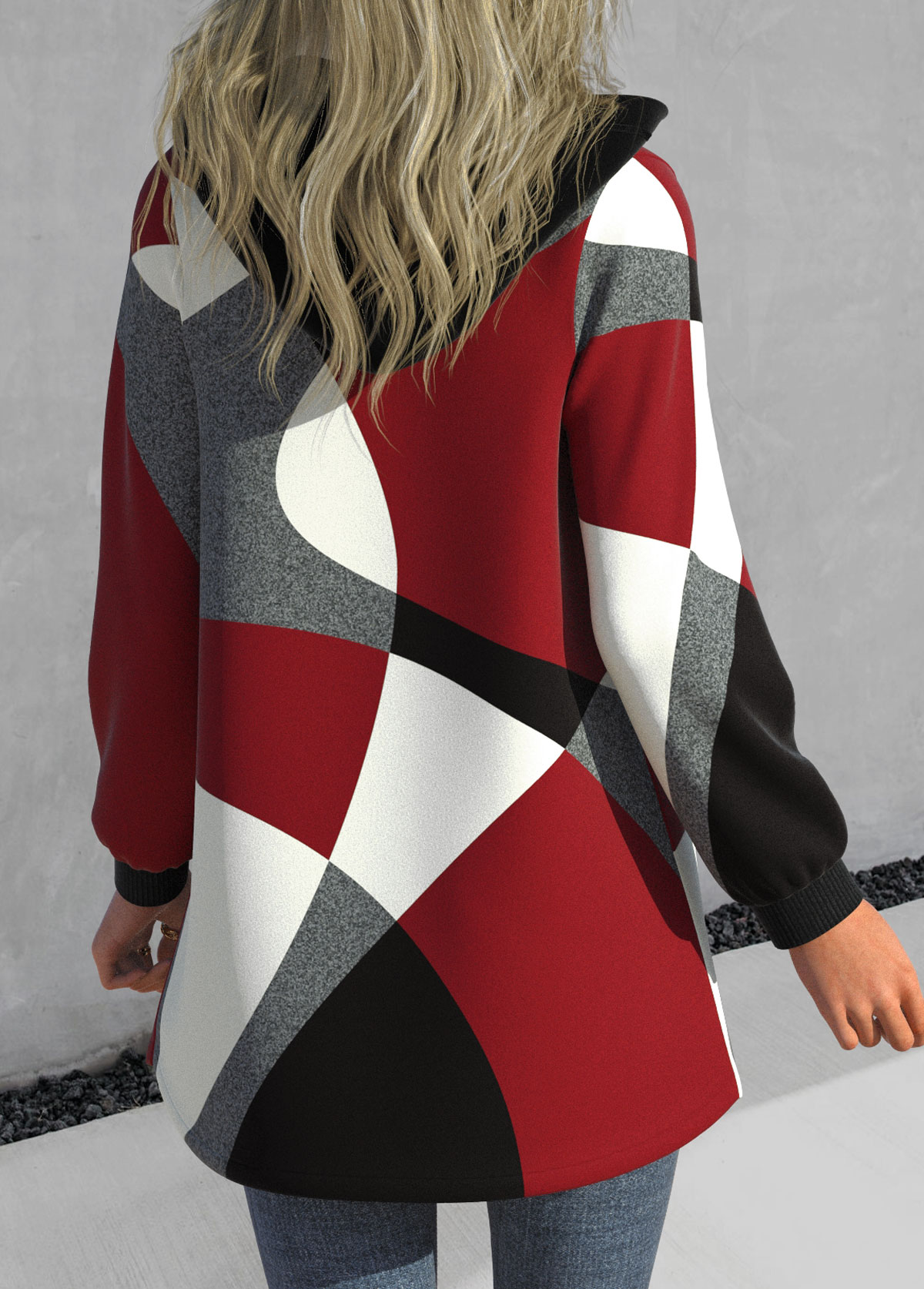 Red Zipper Geometric Print Long Sleeve Hooded Jacket