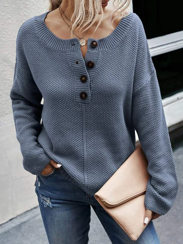 Half Button Drop Shoulder Sweater