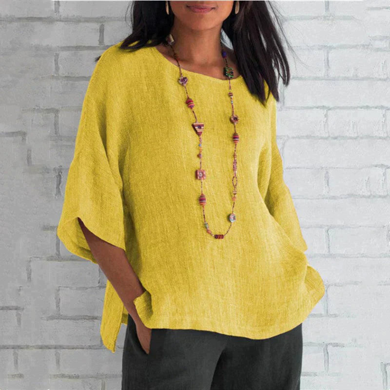 Manga de siete puntos cuello redondo algodón lino top