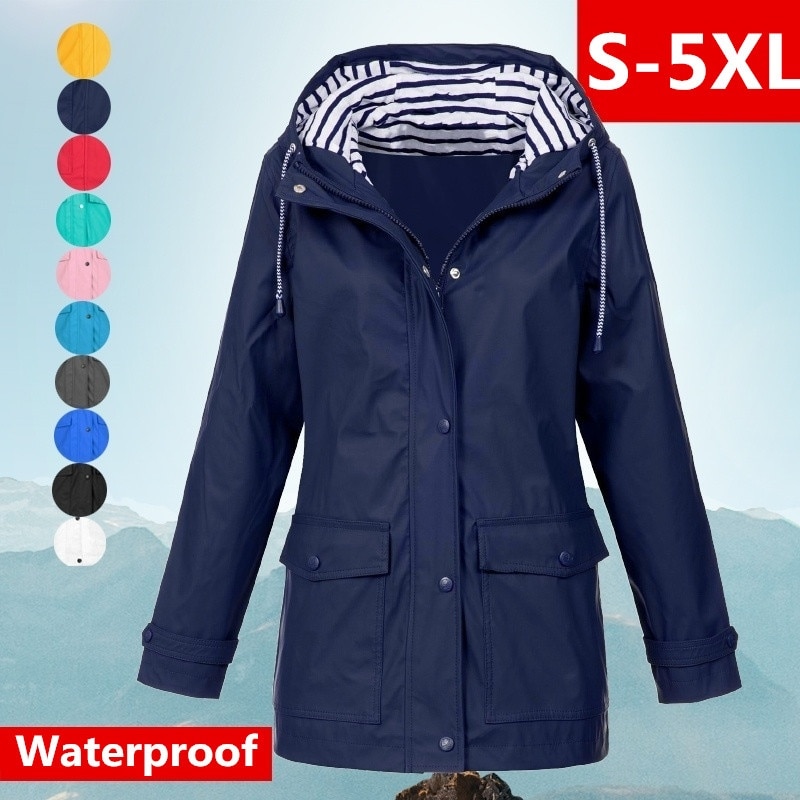 Fashion Women Waterproof Zipper Rain Jacket Solid Color Ladies Autumn and Spring Outdoor Mountaineering Lightweight Raincoats