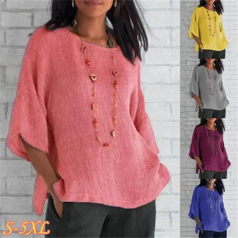 Manga de siete puntos cuello redondo algodón lino top