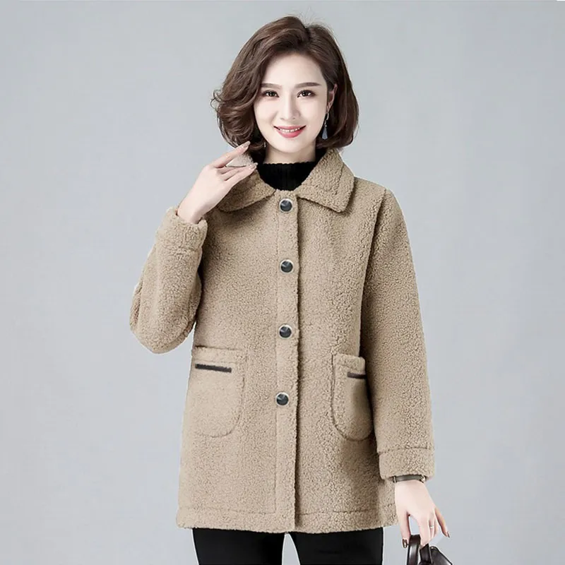 Lamb Wool Women's Coat 2023 New Autumn Winter Sheep Shearing Furry Warm Jacket Middle-Aged Elderly Mothers Jacket Outerwear 5XL