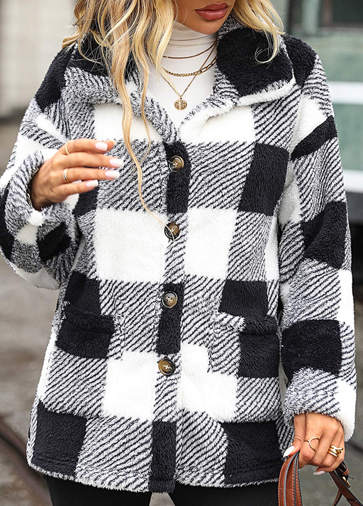 Black Pocket Plaid Long Sleeve Coat