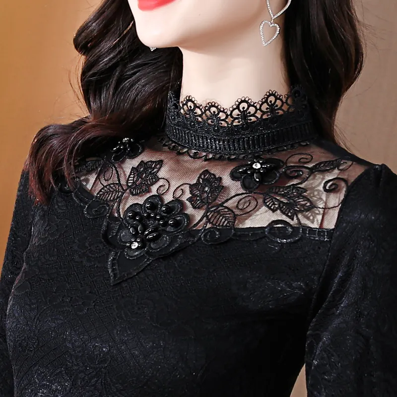 M-5XL Spring Autumn Women clothing Hot Sale Lace Blouse Shirt Patchwork Beaded Mesh Tops Long sleeve Women shirt