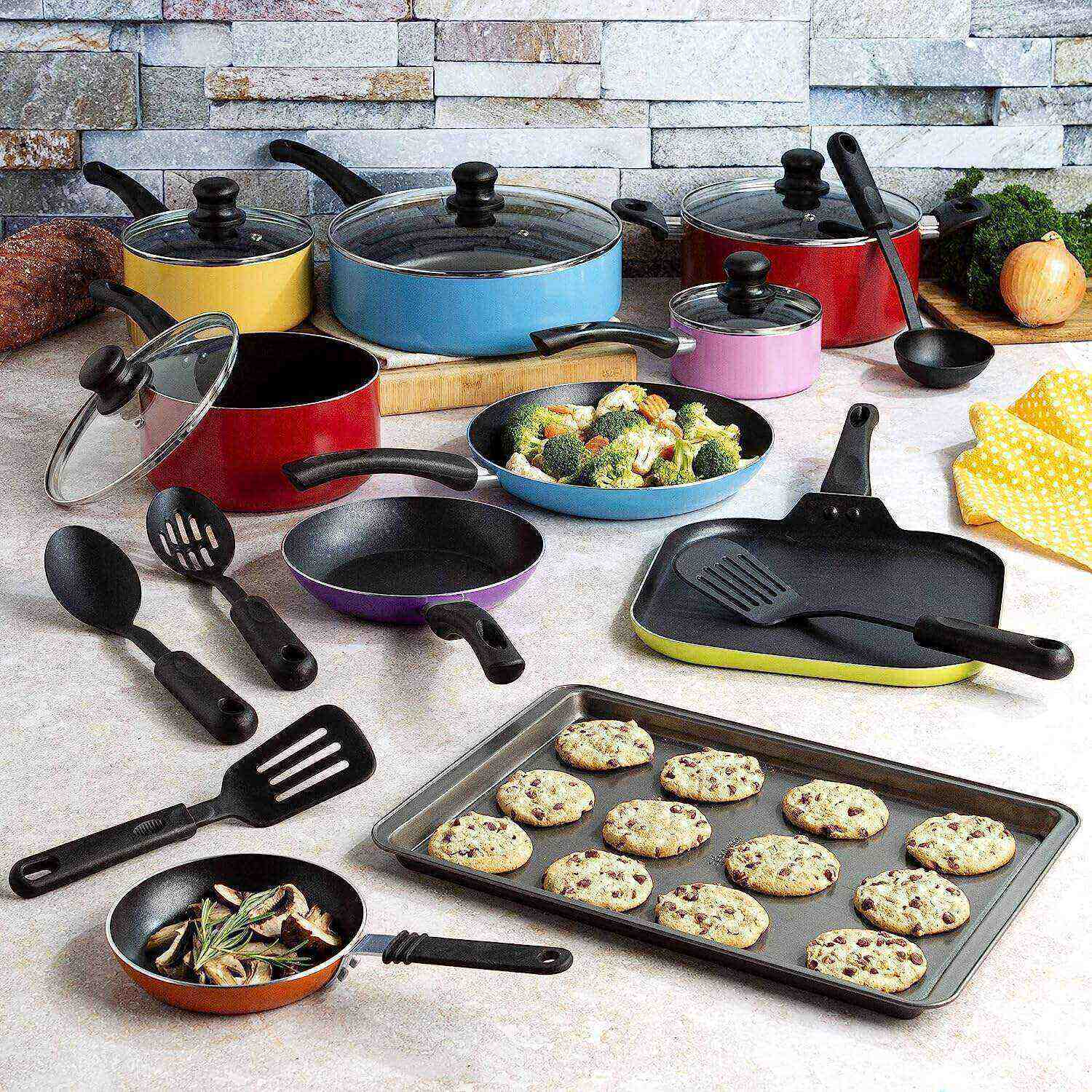 Ecolution Easy Clean Juego de utensilios de cocina antiadherentes, cuenta con elementos esenciales de cocina, juego de utensilios de cocina de bambú, tapas de vidrio ventiladas, asas ergonómicas, fabricado sin PFOA, apto para lavavajillas, 20 piezas