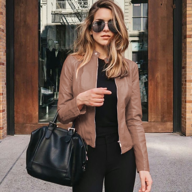 New Ladies Slim Faux Leather Jacket Stand-Up Collar Long Sleeve Overcoat Zipper Cardigan Short Coat abrigos mujer invierno 2023