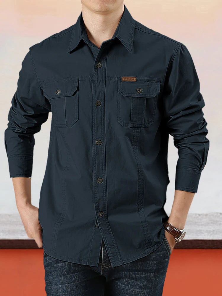 Camisa casual de algodón de color liso para hombre
