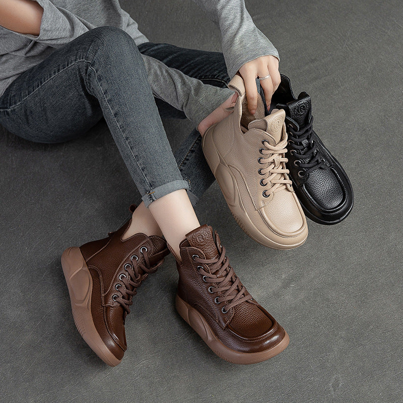 Botas de piel de vaca sólida informal retro para mujer