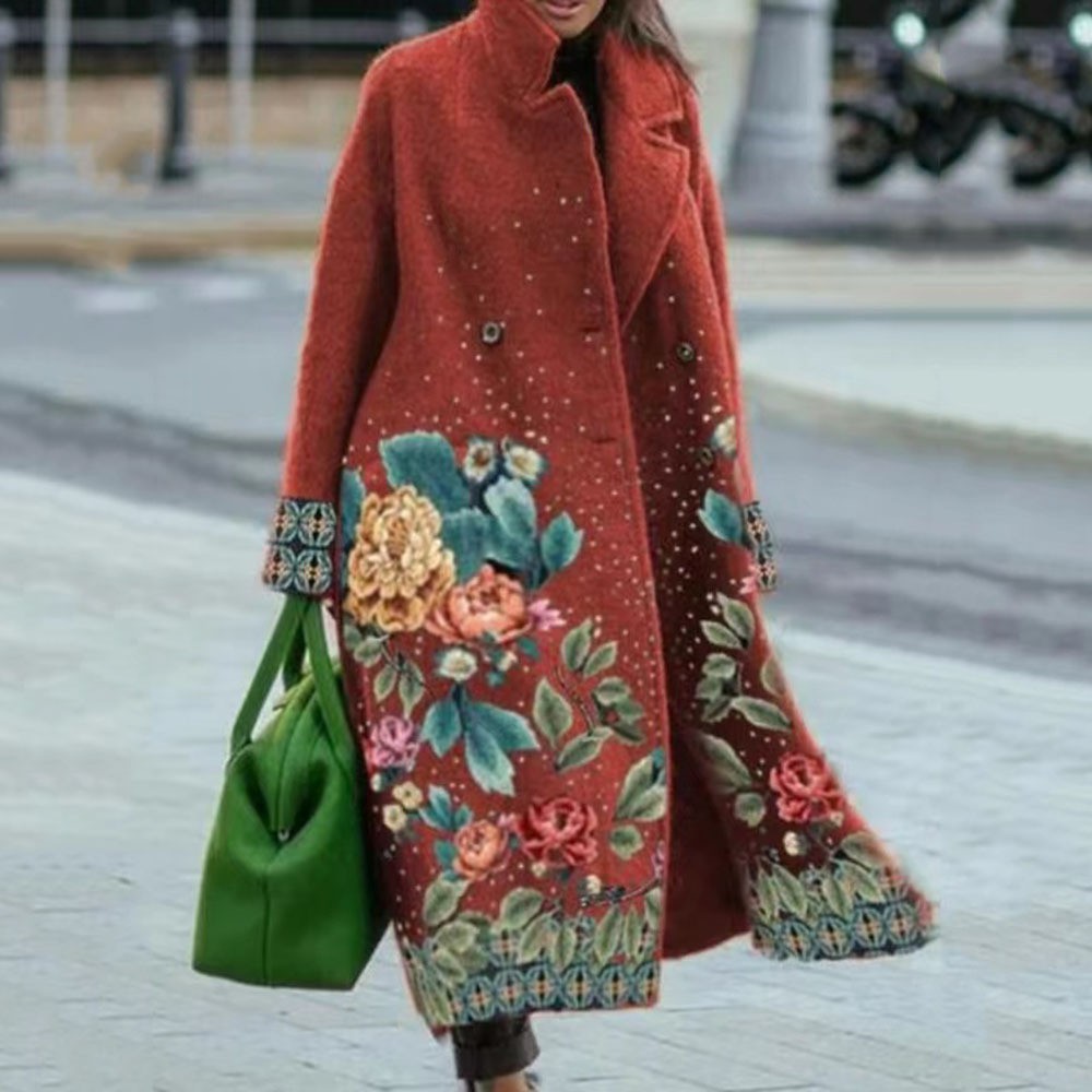 Long-sleeved printed coat lapel coat