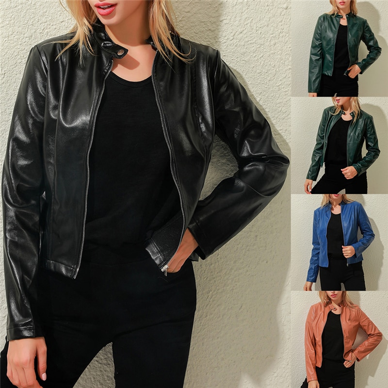 New Ladies Slim Faux Leather Jacket Stand-Up Collar Long Sleeve Overcoat Zipper Cardigan Short Coat abrigos mujer invierno 2023