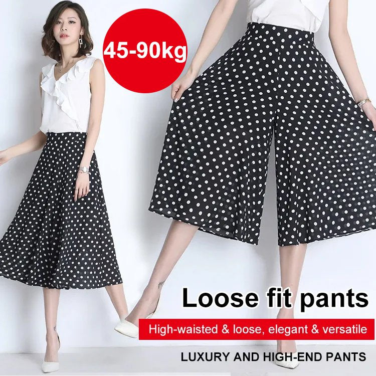 2023 Culottes de pierna ancha de gasa plisada con cintura elástica alta para mujer