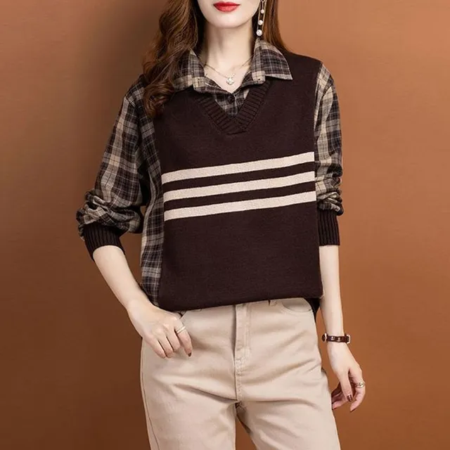 England Plaid Blouse Autumn Winter Fake Two Pieces Knitted Patchwork Women's Clothing Loose Commute Polo-Neck Long Sleeve Shirt